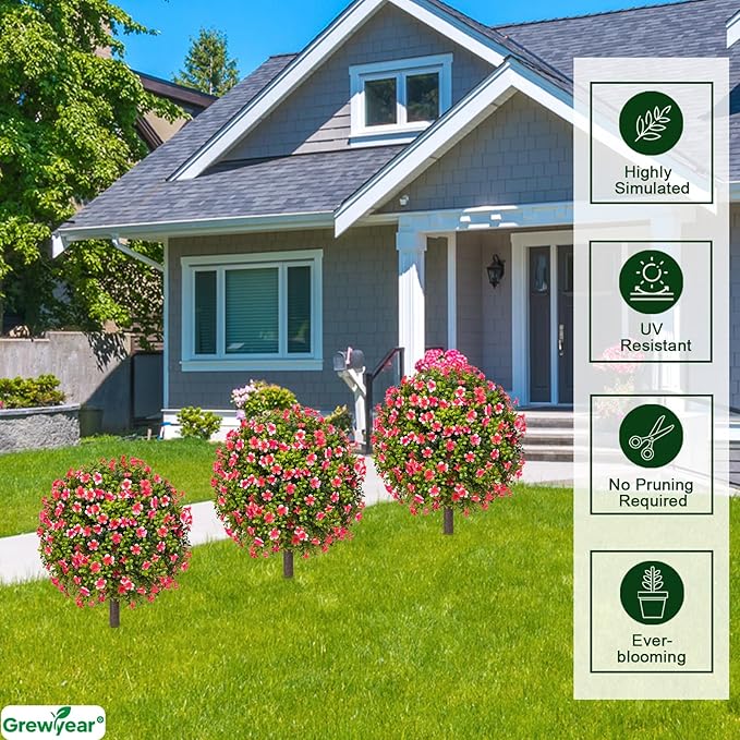 Artificial Topiary Ball with Ground Spike Set of 2, Faux Boxwoods for Outdoor Planters, UV Resistant Artificial Outdoor Plants for Porch, Fake Bushes Round Flower Shrub with Pink Lilac