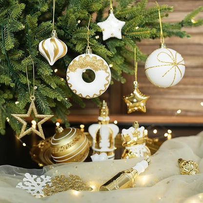 SHareconn 70pcs 2025 Classic Christmas Balls Ornaments Set, Shatterproof Plastic Baubles, Ribbon and Tree Topper for Xmas Tree Holiday Wedding Party Decorations with Hanging Strings, White and Gold
