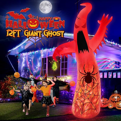 12FT Halloween Inflatables Decoration Giant Ghost with 3-Colored Flame Rotation LED Light Spooky Halloween Decorations Outdoor Blow Up Yard Decorations for Home Lawn Holiday Party