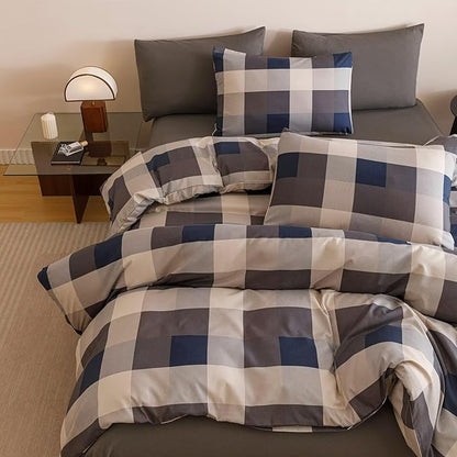 Cottonight Checkered Navy Comforter Set King Men Gingham Grid Bedding Set Navy and Khaki Grid Comforter Fluffy Soft Blanket Quilts Modern Cottagecore Comforter with 2 Pillowcases for King Bed