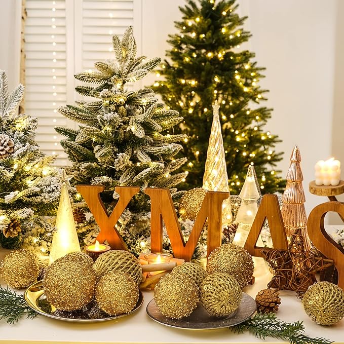 3.15" Christmas Ball Ornaments Glitter Shatterproof Christmas Tree Ornaments Sequin Xmas Hanging Balls Decorations for Wedding Party Holiday(Gold, 12pc-8cm)