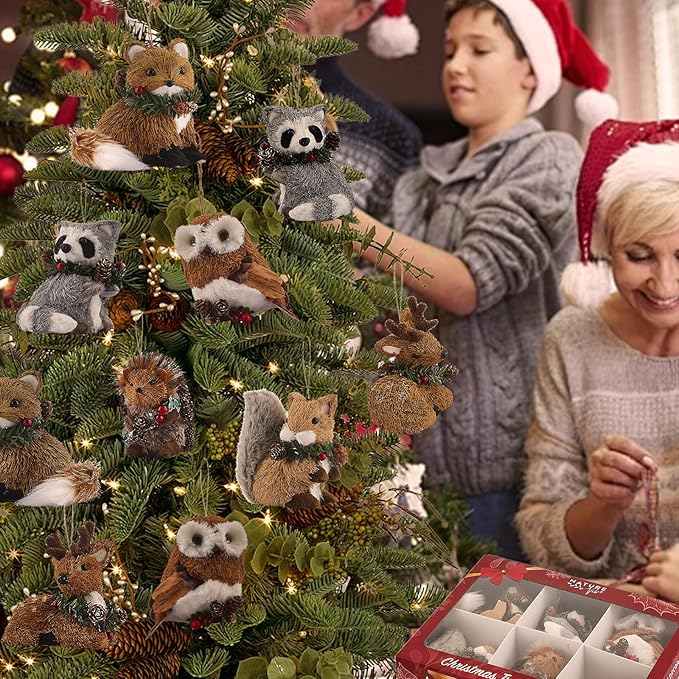 Nature Vibe Sisal Woodland Animals Christmas Tree Ornaments,Set of 6 Natural Woodland Creatures Christmas Ornaments in Gift Box for Rustic Christmas Tree Decorations or Farmhouse Decor