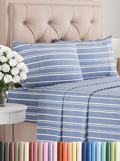 CGK Linens Twin XL 4 Piece Sheet Set - Cooling Sheets for Hot Sleepers - Hotel Luxury Bedding Set w/ 8-16 Inch Deep Pockets - 1 Flat & 1 Fitted & 2 Pillowcases - Soft & Wrinkle Free - Blue Stripes 3