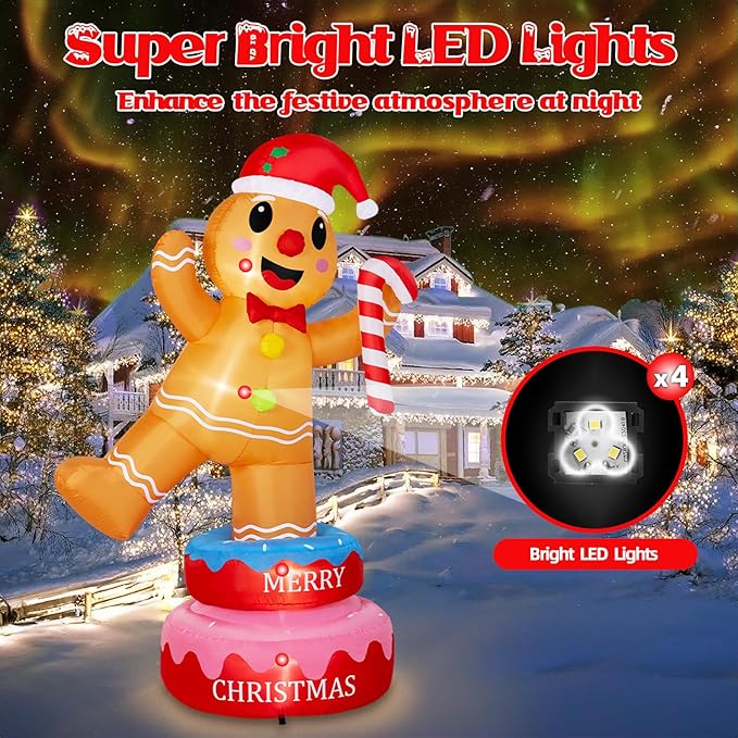 B&D 6FT Christmas Inflatables Outdoor Decorations, Rotating Christmas Inflatable Gingerbread Man Stands on The Turntable Lighted Christmas Blow Up Yard Decorations for Xmas Party Garden Lawn Decor