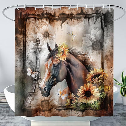 AILONEN Horse Shower Curtain,Sunflower Eiffel Tower Horse Bath Curtain,Retro Horse Polyester Waterproof with 12 Plastic Hooks 72" W*96" H