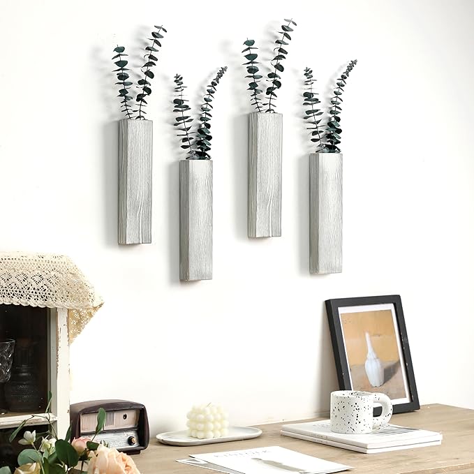 Wood Wall Planter 4 Pack Wall Decor for Artificial Flower Plants Wooden Plants Holder Wall Plant Pocket Vase Hanging for Living Room Bedroom Dining Room Bathroom Indoor Decroation (Light Grey)