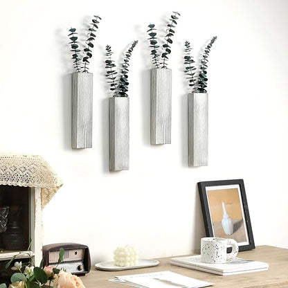 Wood Wall Planter 4 Pack Wall Decor for Artificial Flower Plants Wooden Plants Holder Wall Plant Pocket Vase Hanging for Living Room Bedroom Dining Room Bathroom Indoor Decroation (Light Grey)