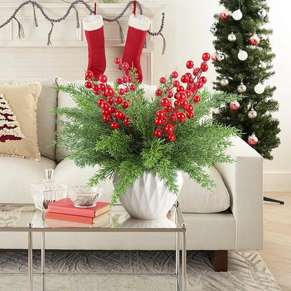 HOHOTIME 6 Pcs Christmas Artificial Pine Stems with Red Berry, 17.7 inch Faux Norfolk Cypress Leaves Branches for Christmas Decoration, Fake Foliage Pine Picks for DIY Craft Xmas Home Decor