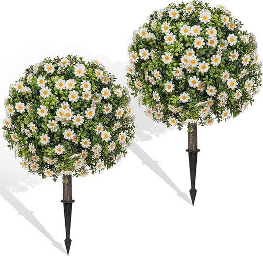 Artificial Topiary Ball with Ground Spike Set of 2, Faux Boxwoods for Outdoor Planters, UV Resistant Artificial Outdoor Plants for Porch, Fake Bushes Round Flower Shrub with White Daisy