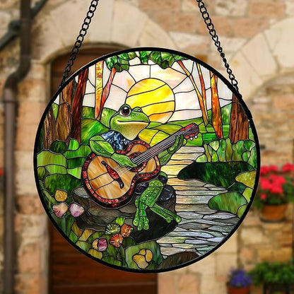 Stained Glass Window Hanging, Frog Playing Guitar Suncatcher Diamond Glass Panel Funny Sun Catchers Decor for Birthday for Women, Men, Wife, Aunt, and Mom 6.3 in