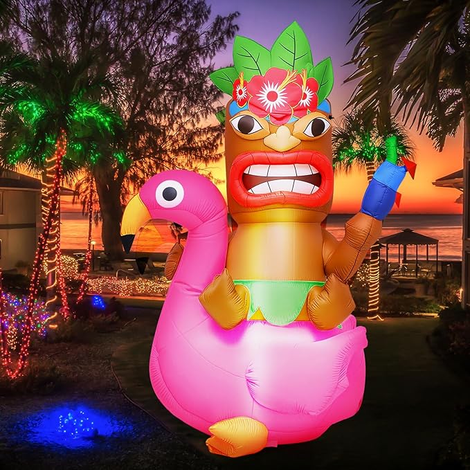Shappy 5 ft Inflatable Tiki Flamingo Surfboard Luau Hawaiian Party Decorations Summer Inflatables Outdoor LED Lighted Tiki Blow up Beach Tropical Pool Surfing Yard Party Supplies Favors(Delicate)