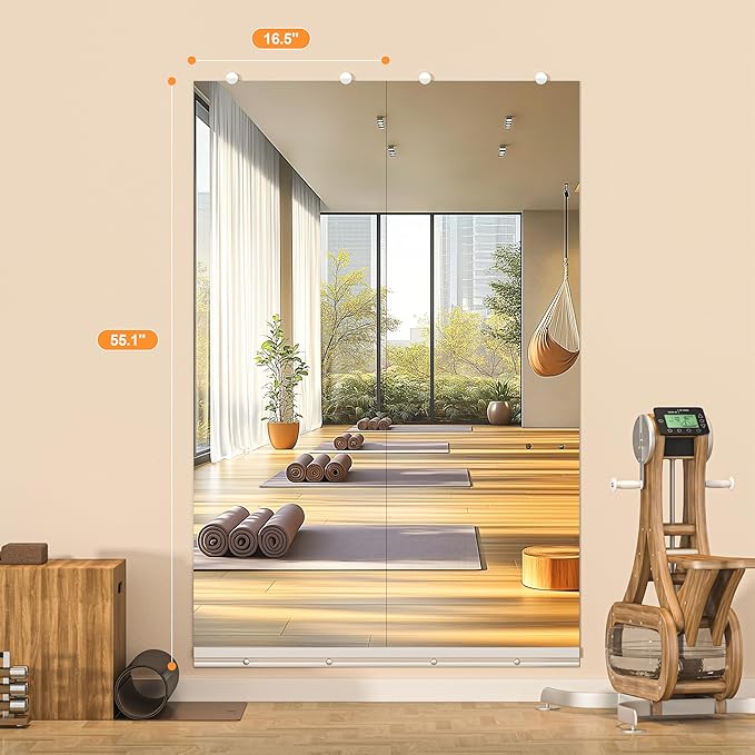 Hasipu Home Gym Mirror, 55"x17" Each, 3-Pack Frameless Wall Mounted Mirrors with Glass Clamps & Aluminum Rail, Large Body Mirror for Home Gym, Yoga Studio, Bedroom, Silver Tempered Glass
