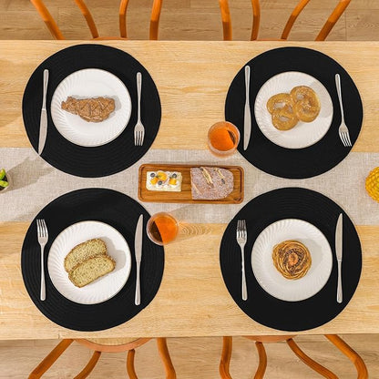 SHACOS Round Braided Placemats Set of 6 Cotton Polyester Heavy Duty 15 inch Round Table Mats Washable Heat Resistant Place Mats (Black, 6)