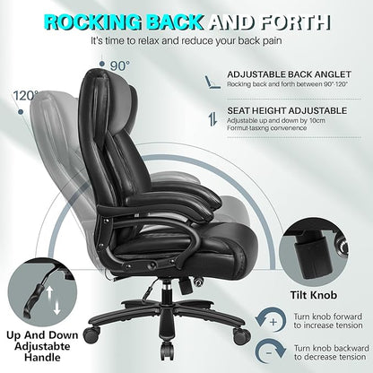 Big and Tall Office Chair 500lbs, Heavy Duty Executive Desk Chair with Adjustable Lumbar Support, Comfy Padded Cushion, Ergonomic PU Leather Home Computer Chair with Extra Wide Seat, Black