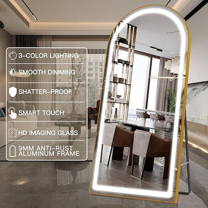 FENNIO Full Length Mirror with Lights, 70" x 32" LED Full Body Mirror, Arched Wall Mounted Hanging Mirror with Lights for Bedroom, Salon, 3 Color Lighting, Tempered Glass, Brushed Aluminum Frame