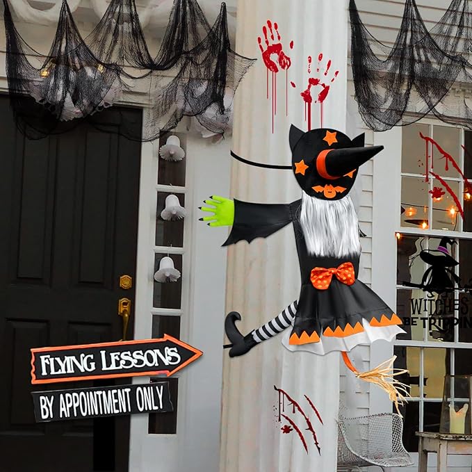 Crashing Witch Decor, Halloween Decorations Clearance Outdoor Witch Props Ornaments, Hanging into Tree/Porch Pole/Door/Indoor/Yard, with Adjustable Band, Outside Garden Funny Witches Flying Crashed