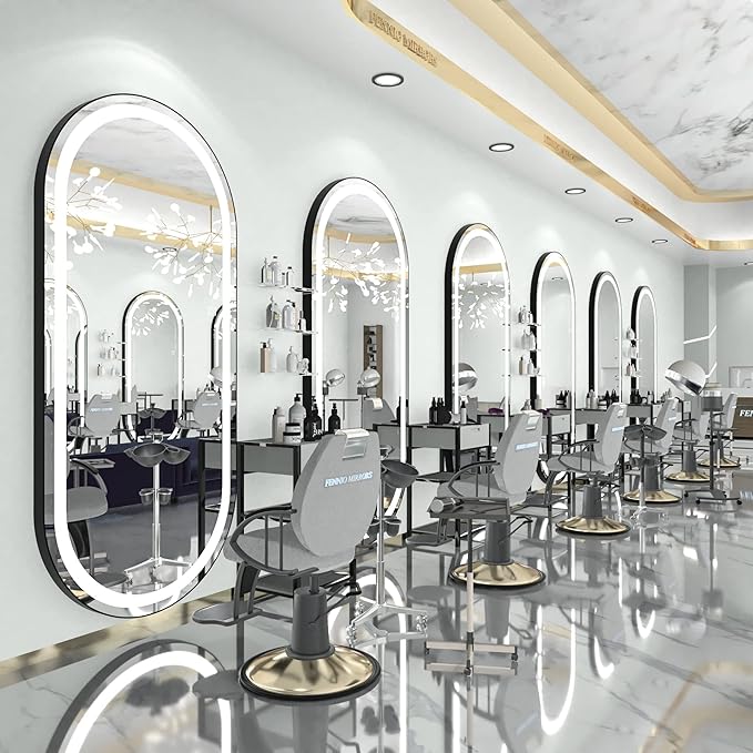 FENNIO 70" x 32" Large Luxury Wall Mounted Mirror with LED Lights - Oval Full Length LED Lighted Full Body Dressing Mirror for Bedroom, Salon, Brushed Aluminum Frame, Tempered Glass
