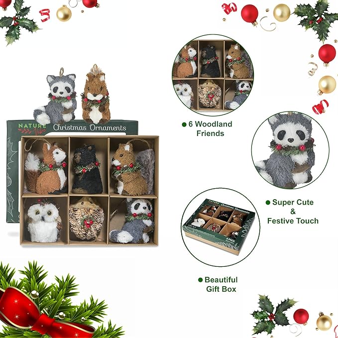 naturevibe Sisal Woodland Animals Christmas Tree Ornaments,Set of 6 Natural Forest Friends with Gift Boxes for Presents,Ornaments Animals as Rustic Home Decorations