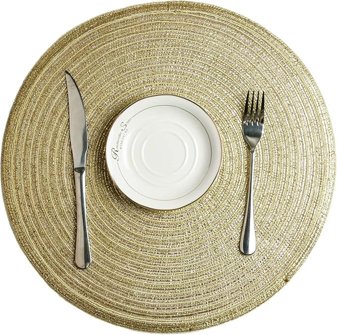 SHACOS Glitter Gold Round Braided Placemats Set of 8 Sparkle Washable 15 inch Round Table Mats Woven Place Mats for Dining Table (Gold, 8)