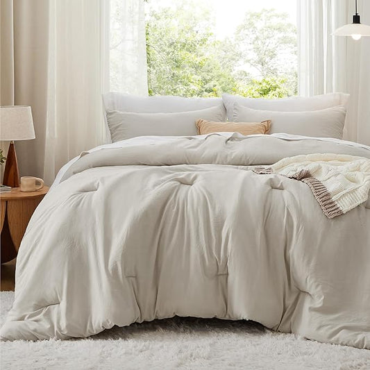 Bedsure Queen Size Comforter Set, Beige Soft Prewashed Bedding for All Seasons, 3 Pieces GentleSoft™ Warm Down Alternative Bed Set, 1 Lightweight Comforter (90"x90") and 2 Pillowcases (20"x26")