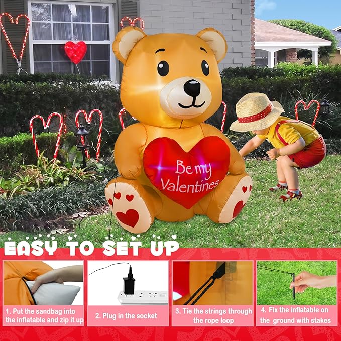 4FT Valentines Day Inflatable Bear Holds Love Heart, Valentines Day Decor Built-in RGB LED Lights, Valentines Gift Blow Up Yard Decoration for Party Anniversary Wedding Propose Garden Lawn