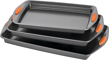 Rachael Ray Cucina Nonstick Cookware Pots and Pans Set, 12 Piece, Cranberry Red & Nonstick Bakeware Set with Grips, Nonstick Cookie Sheets/Baking Sheets - 3 Piece, Gray with Orange Grips
