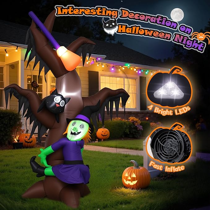 8FT Halloween Inflatables Tree with Witch, Cat & Broomstick, Halloween Blow Up Yard Decorations with 4 Built-in LED Lights, Self-Inflating Halloween Outdoor Decor for Garden, Lawn, Parties