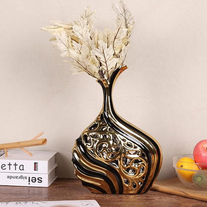 Black and Gold 15 inch Floor Standing Large vase with Unique skeletonized Large vase Pampas Grass Decoration for Living Room, Home Office Porch Shelves on Floor entryway Entrance Tabletop Decoration.
