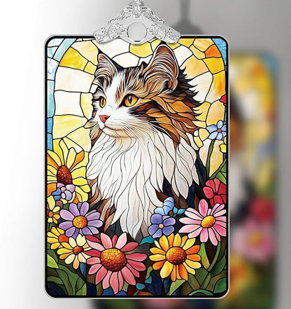 Cat in Flowers Stained Glass Ornament, 2025 Christmas Tree Hanging Decoration for Gift Exchange or Stocking Stuffer, Holiday Decor, 3.8 x 2.4 Inch