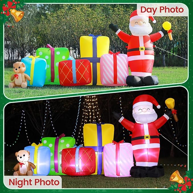DomKom 8FT Christmas Inflatables Outdoor Decoration, Blow up Gift Boxes Santa Claus Build-in LED Lights for Party Lawn Holiday Winter Decor