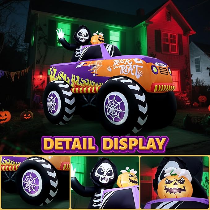 Halloween Inflatables Decorations, 8 Ft Long Outdoor Blow Up Monster Skeleton Truck Car Shape with Inflate Scary Skull Spider Web Wheels Trick or Treat Build-in LEDs for Garden Yard Lawn Party Decors