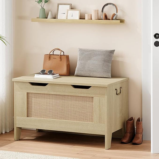 IDEALHOUSE Storage Chest, Rattan Toy Chest, 30" Wooden Storage Bench with Safety Hinge, Blanket Chest, Entryway Bench, Supports 350 lb, Storage Trunk for Living Room, Bedroom, Playroom, Natural Oak