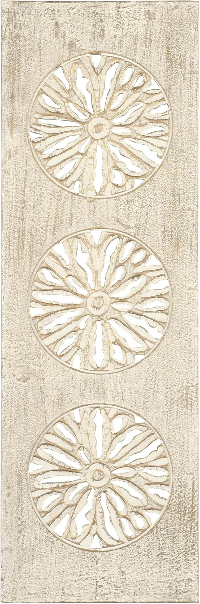 Deco 79 Wood Floral Handmade Home Wall Decor Distressed Intricately Carved Wall Sculpture with Gold Detailing, Wall Art 12" x 1" x 36", Cream