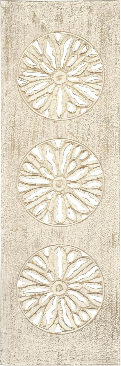 Deco 79 Wood Floral Handmade Home Wall Decor Distressed Intricately Carved Wall Sculpture with Gold Detailing, Wall Art 12" x 1" x 36", Cream