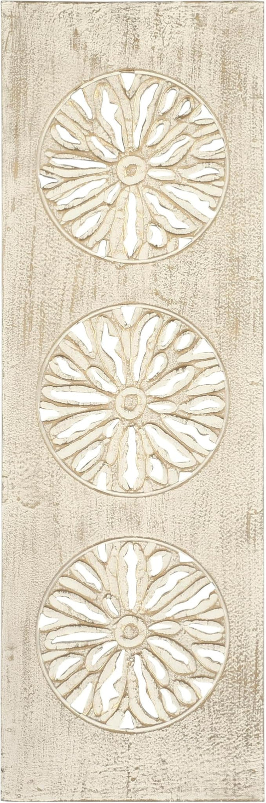 Deco 79 Wood Floral Handmade Home Wall Decor Distressed Intricately Carved Wall Sculpture with Gold Detailing, Wall Art 12" x 1" x 36", Cream