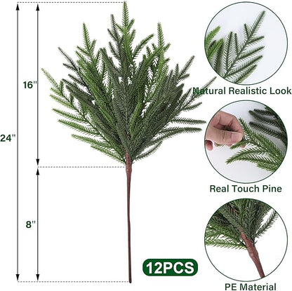 24" Extra Long Artificial Norfolk Pine Stems - 12 Pack Real Touch Christmas Greenery for DIY Wreaths Vase, Large Mantel Decor, Indoor/Outdoor Holiday Arrangements (Faux Pine Branches)