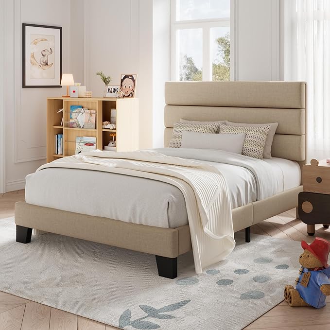 Allewie Twin Size Platform Bed Frame with Fabric Upholstered Headboard and Wooden Slats Support, Fully Upholstered Mattress Foundation/No Box Spring Needed/Easy Assembly,Beige