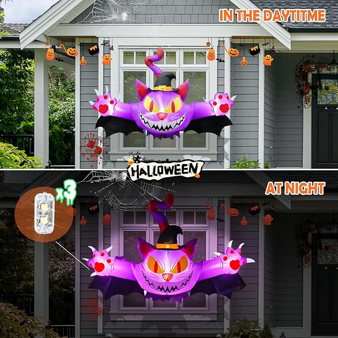 4.5FT Halloween Inflatable Purple Cat, Blow up Halloween Decoration Broke Out from Window Built-in 3 LED for Halloween Decoration Outdoor Indoor Home Party Supplies Halloween Lawn Decor