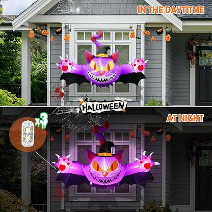 4.5FT Halloween Inflatable Purple Cat, Blow up Halloween Decoration Broke Out from Window Built-in 3 LED for Halloween Decoration Outdoor Indoor Home Party Supplies Halloween Lawn Decor
