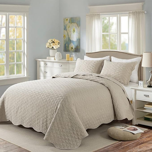 HoneiLife Queen Quilt Bedding Set - 3 Piece Washed Microfiber Quilt Sets Lightweight Bedspreads Ultra Soft Coverlets Retro Bed Cover Crinkled Bedding Set All Season Quilts-Sandy