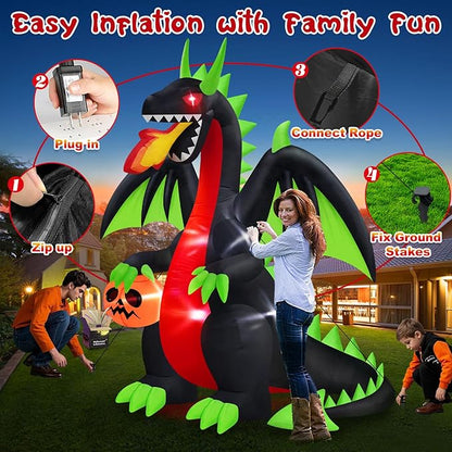 MICOCAH 8 FT Outdoor Halloween Inflatables Fire-Breathing Dragon with Flashing Red Eyes Holding Pumpkin Halloween Decorations Outside, Built-in LEDs Blow Ups for Yard Indoor Party Garden Lawn Decor