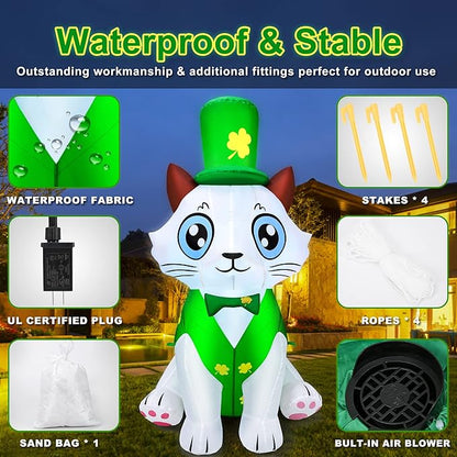 5Ft St. Patrick's Day Inflatable Outdoor Decoration Blow Up Cute Cat Wearing Lucky Shamrocks Hat with LED Lights St Patricks Day Decorations Yard Garden Lawn Home Party Indoor