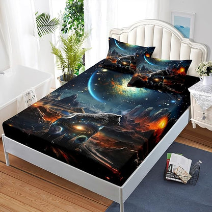 AILONEN Panther Fitted Sheet Set Twin XL Size, Galaxy Starry Planet Volcano Boys Black Bear Bed Sheet Set,3 Pieces Printed Fitted Sheet with 2 Pillowcases