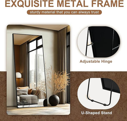 Delma Full Length Standing Mirror,Large Floor Mirror with Aluminum Frame for Bedroom, Bathroom, Living Room,Wall Mount or Freestanding Design(with Stand,Rect 75x35-Black)
