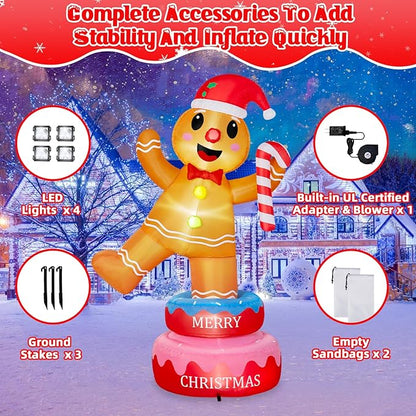 B&D 6FT Christmas Inflatables Outdoor Decorations, Rotating Christmas Inflatable Gingerbread Man Stands on The Turntable Lighted Christmas Blow Up Yard Decorations for Xmas Party Garden Lawn Decor