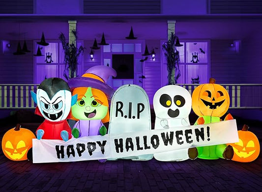 Joiedomi 8 FT Long Inflatable Halloween Decor Outdoor, Halloween Blow Up Decorations Inflatable Pumpkin Ghost Vampire Witch Tombstone with LEDs for Yard Decorations