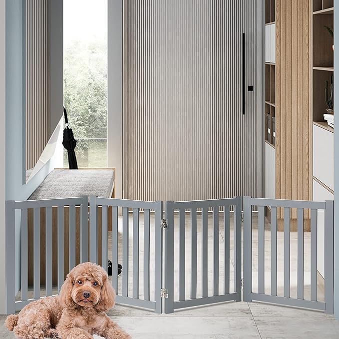 LZRS 4-Panel Wooden Free Standing Foldable Dog Gate – 24" High, Extra Wide Step-Over Safety Pet Gate for Doorways, Stairs, Hallways, Large Spaces & Playpen for Puppies Indoor Use, Grey