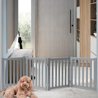 LZRS 4-Panel Wooden Free Standing Foldable Dog Gate – 24" High, Extra Wide Step-Over Safety Pet Gate for Doorways, Stairs, Hallways, Large Spaces & Playpen for Puppies Indoor Use, Grey