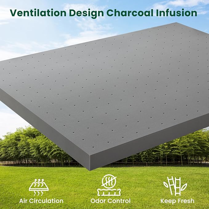 Twin Mattress Topper-Extra Firm 3 Inch High Density Foam Bed Topper with Ventilated Design for Extra Weight, Back Pain Relief-Charcoal Infusion,CertiPUR-US