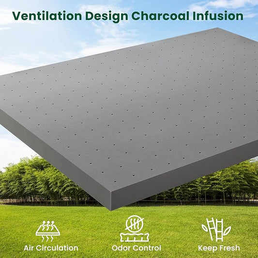 Twin Mattress Topper-Extra Firm 3 Inch High Density Foam Bed Topper with Ventilated Design for Extra Weight, Back Pain Relief-Charcoal Infusion,CertiPUR-US